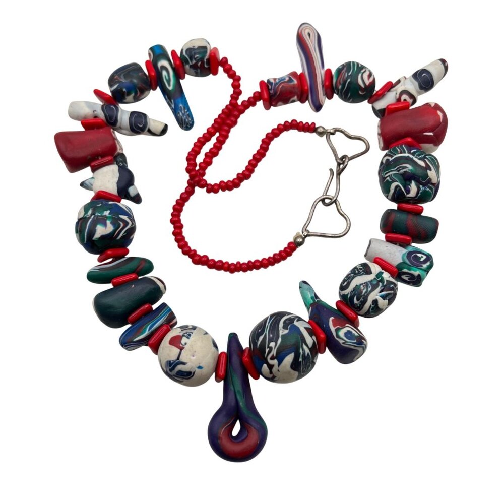 Vintage Handmade Polymer Clay Necklace Sterling Silver Clasp 24" Red Blue Art - Picture 2 of 16